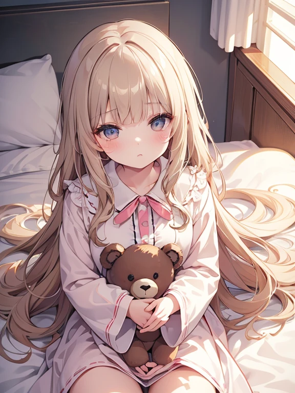 masterpiece, best quality, ultra-detailed, illustration, cute, Girl, Solo, from above, beige hair, long hair, wavy hair, blunt bangs, blouse, sleepy, lie down on the bed, wearing Pajamas, bed room, hag a stuffed teddy bear