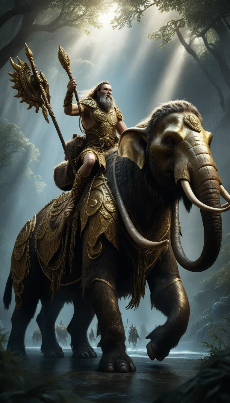 Wearing heavy gilded armor《Wild man riding a mammoth》,for the audience,mythical creatures,hermit,concept art,wide angle,Full composition,dynamic lighting,Movie,4K,lifelike,octane rendering,