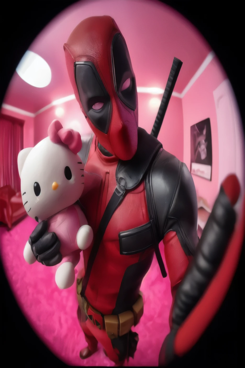 do Deadpool with a singer Ariana Grande, They both have hello kittie plushies. Make them in an elevator with fisheye effect