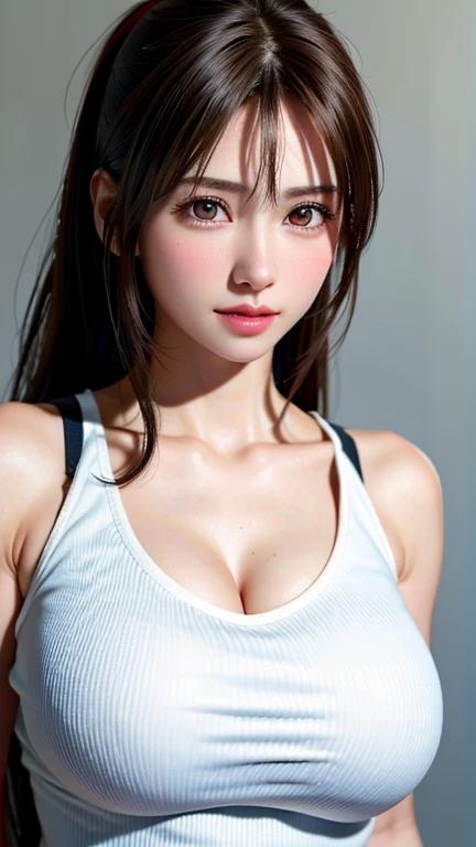 masterpiece, high quality, ultra high resolution, (realistic:1.4), detailed beautiful face, fine clothes, amazing European women, wearing a white tank top, So cute, Portrait, Soft skin and perfect face、perfect face, gorgeous long ponytail brown hair, 8K resolution,Super realistic,super detailed,high quality, (big breasts:1.2), wide field of view