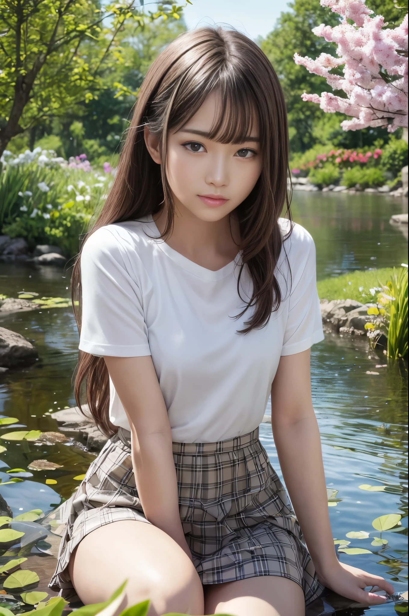 (Raw photo:1.2), (realistic), beautiful detailed girl, very detailed eyes and face, beautiful and detailed eyes, huge file size, High resolution, very detailed, highest quality, [table top:1.6], shape, very detailed, small details, highest quality, 8k wallpaper, movie lighting,3 girls aged 15, 春の公園のCrouching by the pond, A stylish spring-like skirt, Legs spread and panties visible,   panty shot,  I can see white panties, relaxed look, slender body, young face, immature body, exposed panties,Looks like fun, Spring park scenery, Crouching by the pond, Panties visible between her legs, Women watching the fish in the pond