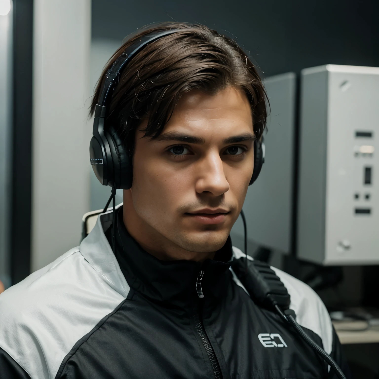 Man handsome use headset