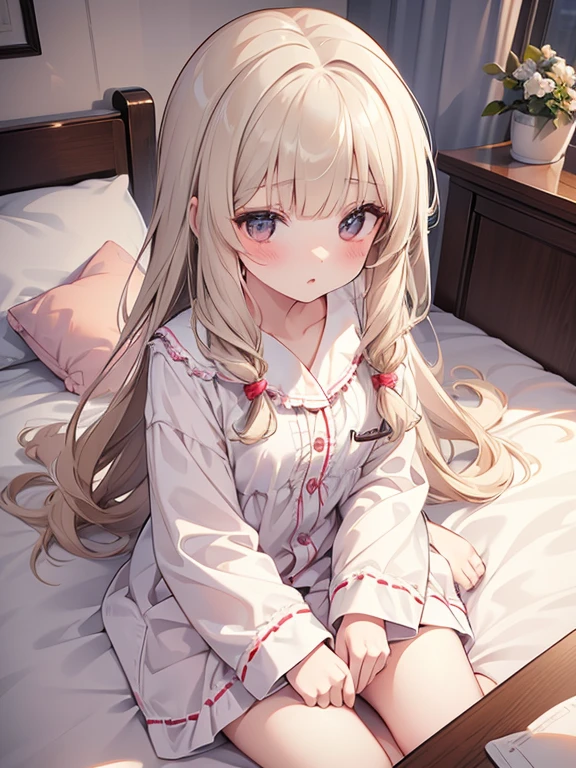 masterpiece, best quality, ultra-detailed, illustration, cute, Girl, Solo, from above, beige hair, long hair, wavy hair, blunt bangs, blouse, sleepy, lie down on the bed, wearing Pajamas, bed room, hag a stuffed teddy bear, night