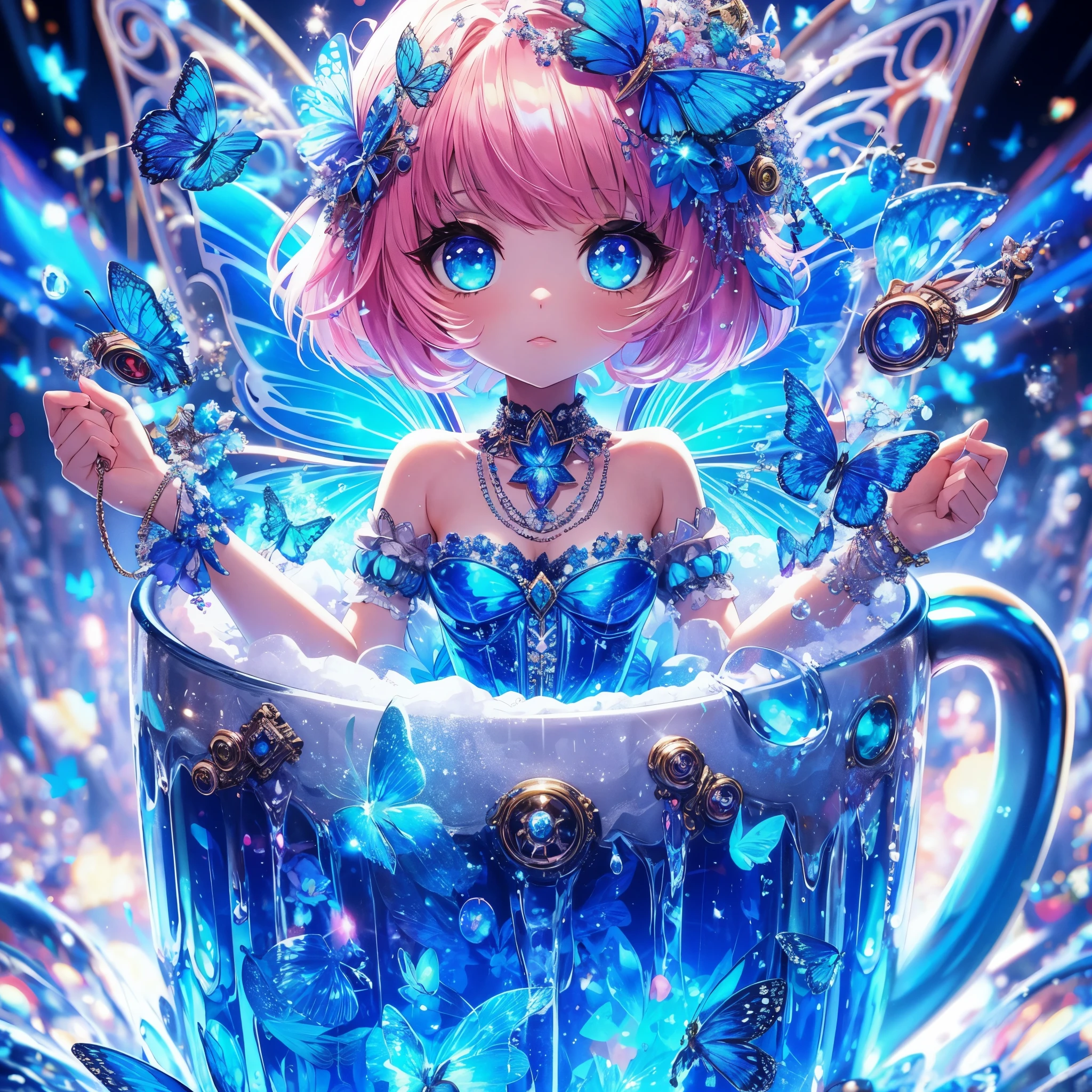 In a vivid dynamic anime scene by focusing on abundant shiny reflection A little fairy in a gigant Beer . A fairy girl with pink bobbed hair and reflection blue eyes. Fairy in a big Beer .(beer mug) . her crystal clear costume accented with an even greater array of punk and whimsical elements, now heavily adorned with blue butterfly accessories . The background of abstract glow chaos is enriched with