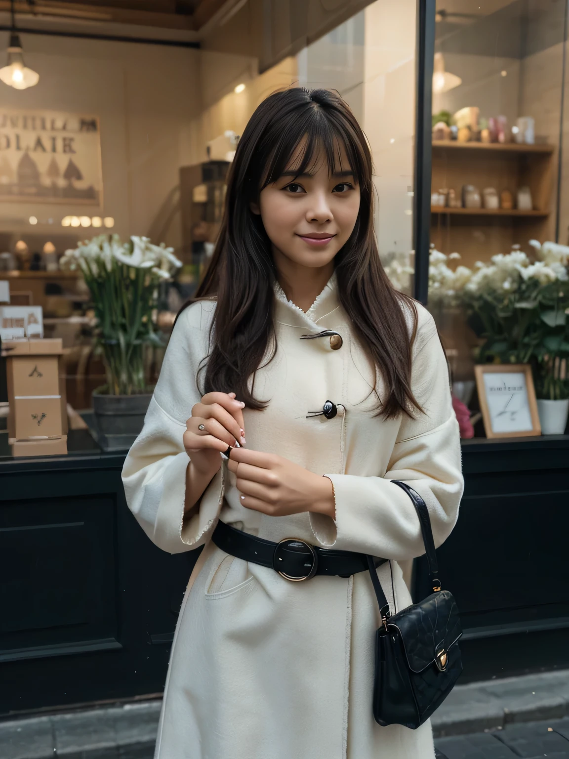 solo lovely smiling korean girl, strong daylight, sun shining, wintertime, very cold, raining, in front of flower shop, she's holding white lily flower,  (highest quality texture), ,  film quality, completely dressed in high style leather fashion, ancient medieval very long black cloak of cloth, body covered by the cloak, large wool sweater, long wool skirt, black gloves, tigh high boots, 3 shoulder bag, soft accent candlelight in windows, gorgeous Rembrandt like lighting, (Rembrandt patch), (highest quality window details), hip cool boutique in background, silky long dark hair, hair bangs to her eyes, every detail, Fine facial features, Masterpiece – Masterpiece ○○ quality – ○○ quality best quality(Highest Quality) ,Leica film, best, solo female, High quality (high quality)　etc ○○ detailed – ○○ details ultra detailed(Ultra-fine ), Photorealistic, Extremely detailed(Extremely detailed) , Finely detailed(Fine-grained), (highest detail skin texture peachfuzz earlobe realistic)　etc ○○ res – ○○ resolution ultra high res(A high resolution) , very high texture res(light resolution), Realistic – Realistic Photorealistic – photorealistic beautiful – beautiful 4k , 8K, artsy shop front, close and intimate,