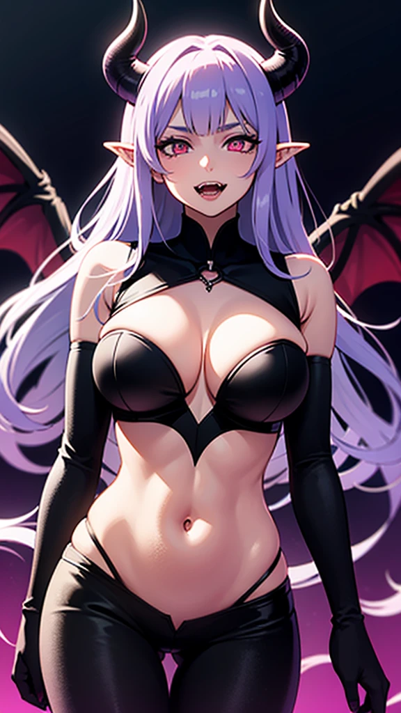 (demon girl,anime,large breasts),detailed eyes,red glowing eyes,sharp fangs,beautiful long purple hair,horns,black bat wings,tail and pointed ears,vivid colors,ethereal background,dark atmosphere,highres,photorealistic lighting