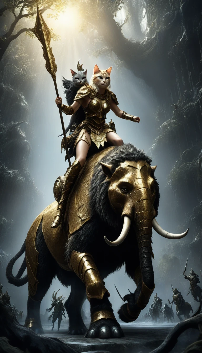 Wearing heavy gilded armor《Cat Knight riding next to a mammoth》，for the audience，mythical creatures，hermit，concept art，wide angle，Full composition，dynamic lighting，Movie，4K，lifelike，octane rendering，