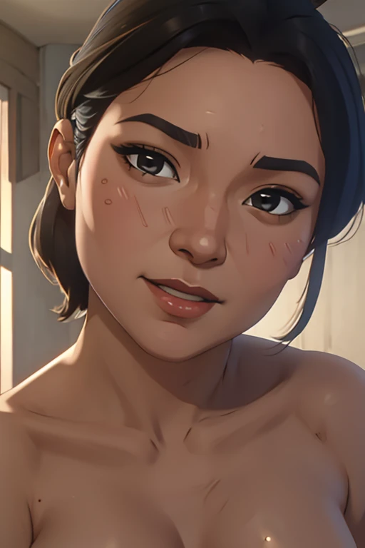 Risa1, 1girl, asymetric hair, black hair, face close-up, smaller breast size, smaller body, topless, nude, cinematic natural light, organic dust particles in the light, sensual, 4k, look at camera, highly detailed face, nude, (close-up of face), smiling wide, half open mouth, ((line-art)), ((contour lines)), ((comic style))