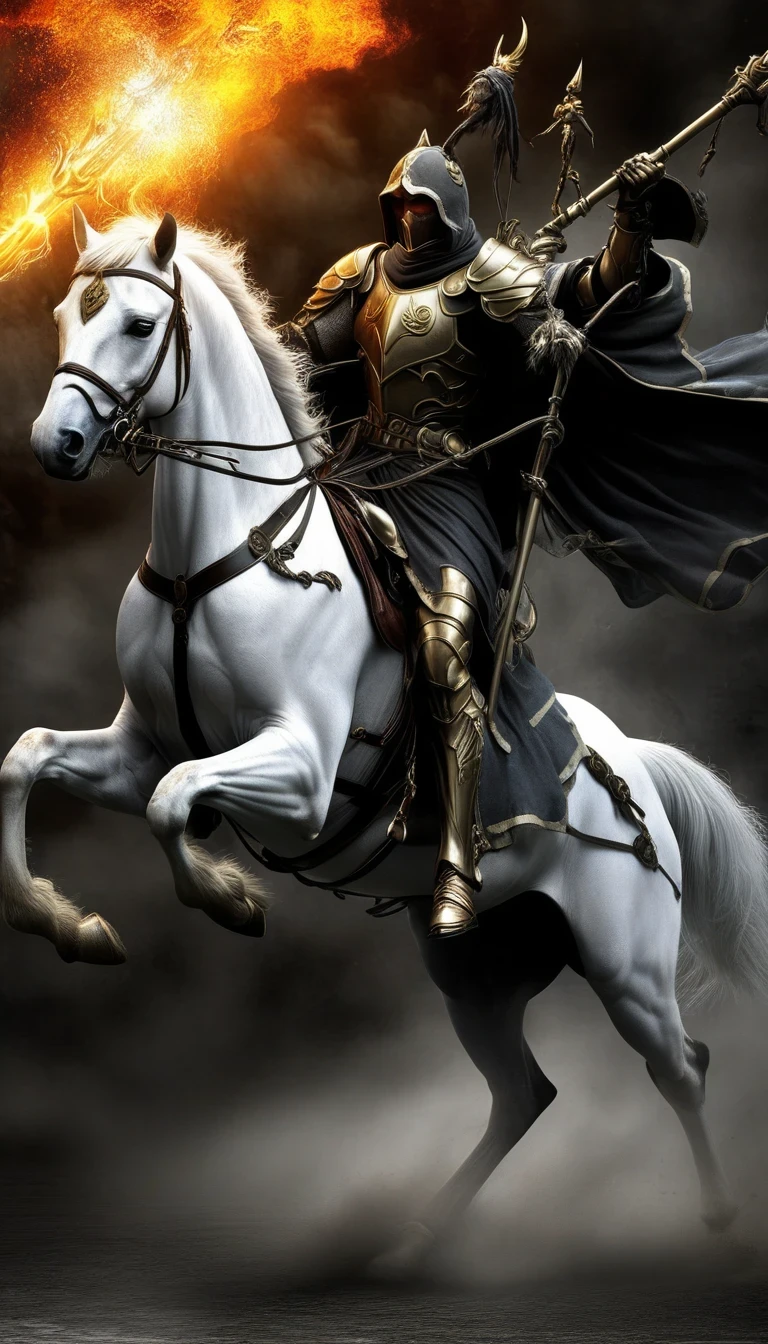 (HD: 1.2),(realistic: 1.37),(Black Cat Knight riding a white horse), anthropomorphic,, battlefield, medieval, war, battle, victory, danger, honor, bravery, armor, shield, sword, hero, commander-in-chief's presence, ferocious, self-confident, beautifully detailed eyes, beautifully detailed lips, sharply focused, ultra-detailed, fierce action, epic clash, adventurous, emerges from flames Protecting the innocent, stunning, compelling, thrilling, unforgettable, valor, heroic, majestic, graceful, lightning fast, extraordinary strength, master of defense, unstoppable power, dominating the battlefield, defending the kingdom, ferocious foe, defender of the righteous, unwavering determination, majestic imagery, magnificent backdrops, dramatic lighting, vibrant colors, bold brushstrokes, impressive deep detail, extraordinary fantasy, mythical warriors, legendary tales.