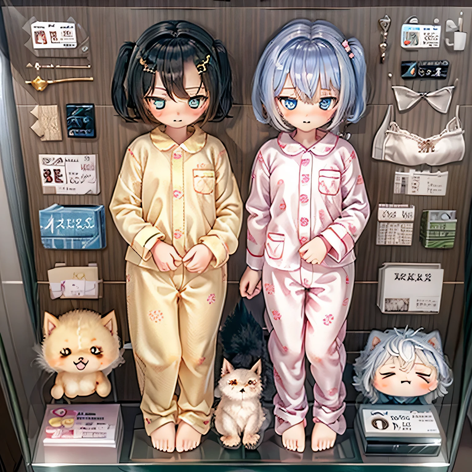 (best quality,4k,8k,highres,masterpiece:1.2),ultra-detailed,adorable chibi shiba inu girls sleeping soundly in cozy pajamas,cotton sheets and fluffy pillows,soft pastel color palette,beautifully illustrated,subtle lighting,peaceful bedroom ambiance,cute dream bubbles,playful patterns on the pajamas,vivid colors,expressive eyes,little noses and smiling lips,revealing a deep sense of relaxation and comfort,adorable furry tails peeking out from under the covers sleep in bed shiba inu girls chibi pajamas