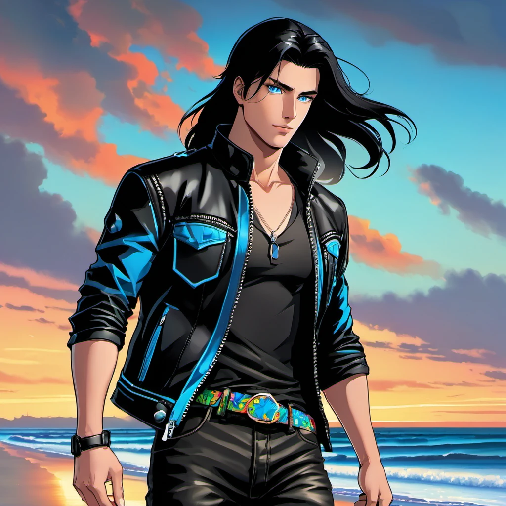 A tall, handsome young men, he has soft, beautiful facial features, dark-haired, he has very long black hair gathered in a tight ponytail, bright blue eyes, he is wearing a black T-shirt with a neon print, a black short leather jacket, black jeans, he has a wide leather belt decorated with iron elements, chains. He walks along the ocean beach at sunset. Masterpiece, perfect drawing, realistic drawing, full-length drawing, detailed study, 8k. full-length image, realistic image, dynamic image, detailed image. an extremely detailed illustration, a real masterpiece of the highest quality, with careful drawing. anime style