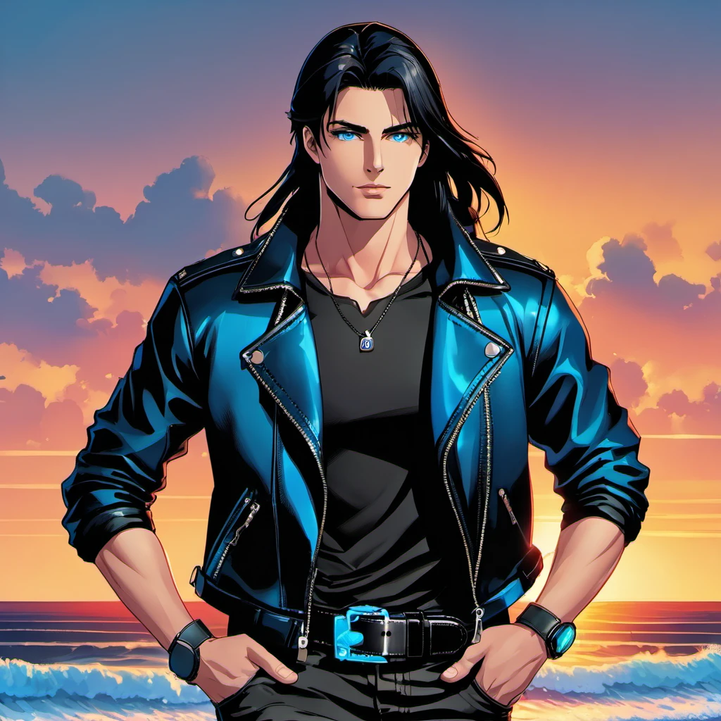 A tall, handsome young men, he has soft, beautiful facial features, dark-haired, he has very long black hair gathered in a tight ponytail, bright blue eyes, he is wearing a black T-shirt with a neon print, a black short leather jacket, black jeans, he has a wide leather belt decorated with iron elements, chains. He walks along the ocean beach at sunset. Masterpiece, perfect drawing, realistic drawing, full-length drawing, detailed study, 8k. full-length image, realistic image, dynamic image, detailed image. an extremely detailed illustration, a real masterpiece of the highest quality, with careful drawing. anime style
