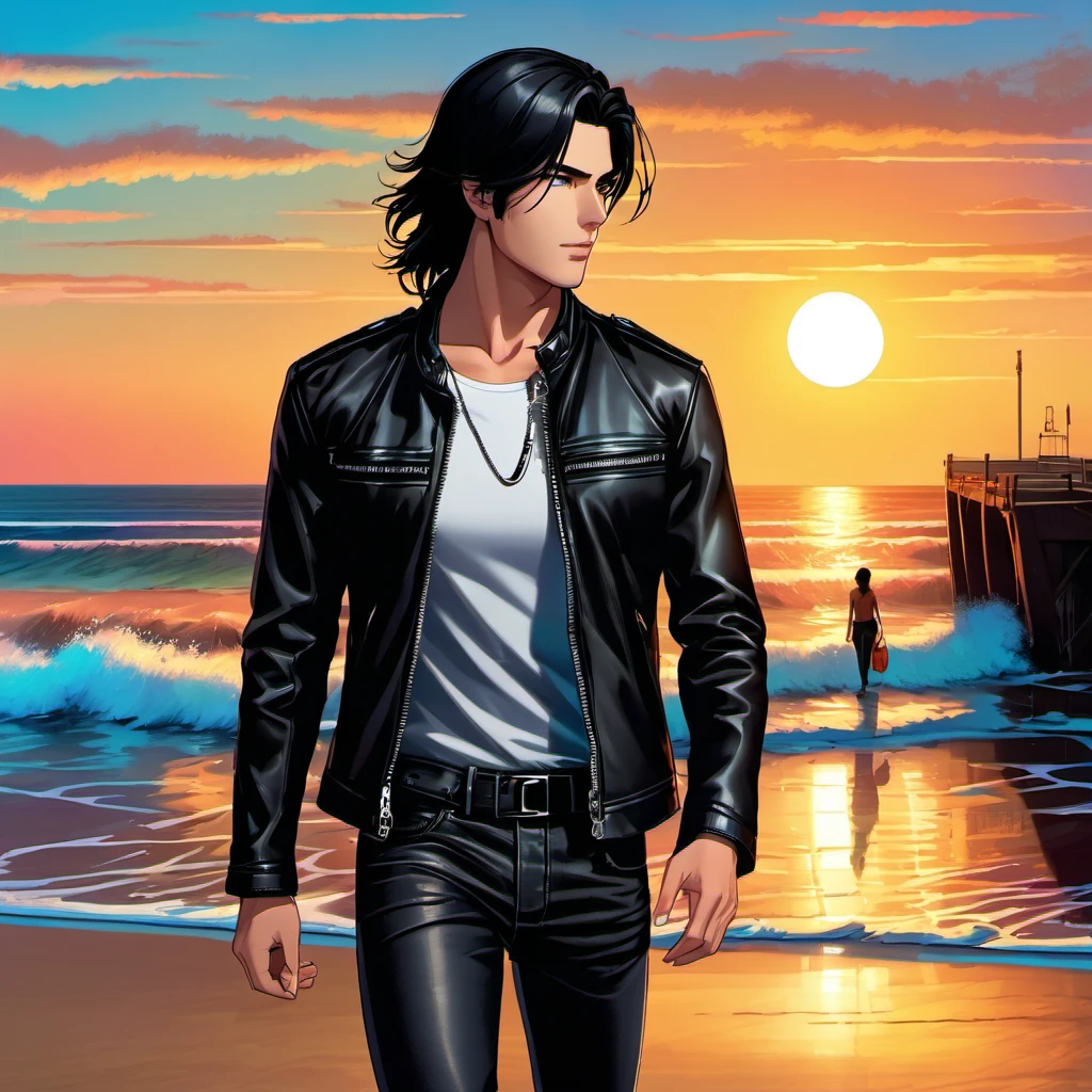 A tall, handsome young men, he has soft, beautiful facial features, dark-haired, he has very long black hair gathered in a tight ponytail, bright blue eyes, he is wearing a black T-shirt with a neon print, a black short leather jacket, black jeans, he has a wide leather belt decorated with iron elements, chains. He walks along the ocean beach at sunset. Masterpiece, perfect drawing, realistic drawing, full-length drawing, detailed study, 8k. full-length image, realistic image, dynamic image, detailed image. an extremely detailed illustration, a real masterpiece of the highest quality, with careful drawing. anime style