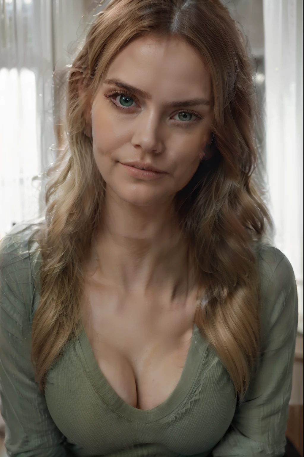 fully clothed, green and large eyes, dark long smooth hair, sexy young woman , no makeup, sitting in cafe, small breast, 8k, ultra realistic , upper body shot, blonde hair, sasha luss, white long sleeve shirt