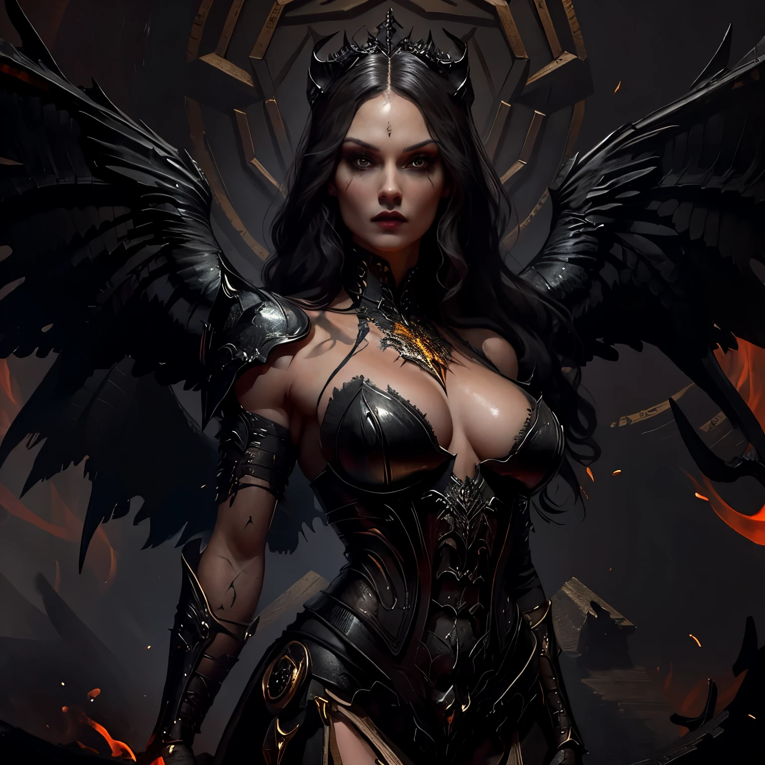 Lilith's descent with her black wings, face sharp as from a photo of high resolution (detailed face), full body, (whole body), with an aura of fire. Exclusive style of D14bl0, extremely detailed and high quality, 8k, cinematic, no serration, strokes and a famous artist, no blurred image, very well done strokes, no deformation in the eyes, mouth and nose, all drawn perfectly, leonardo da vinci style.