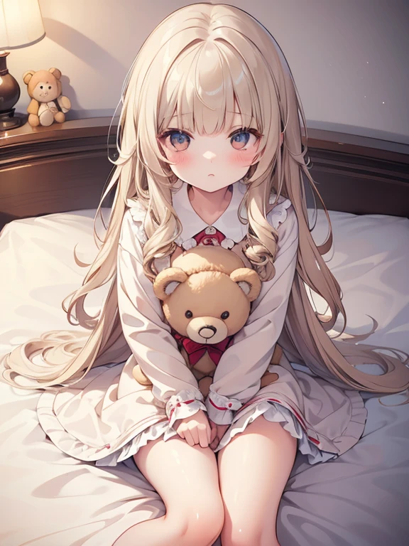 masterpiece, best quality, ultra-detailed, illustration, cute, Girl, Solo, from above, beige hair, long hair, wavy hair, blunt bangs, blouse, sleepy, wearing Pajamas, bed room, hag a stuffed teddy bear