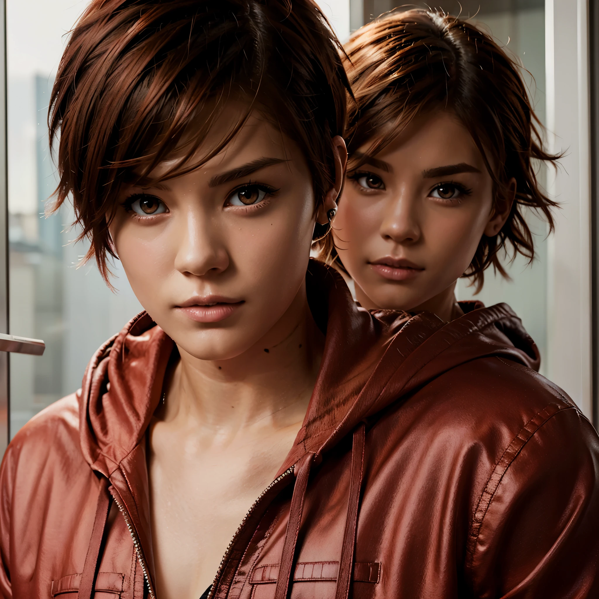 Red eye,wear a jacket,short hair,wear hoodie,jacket red,short hair,style hair,male,,anime