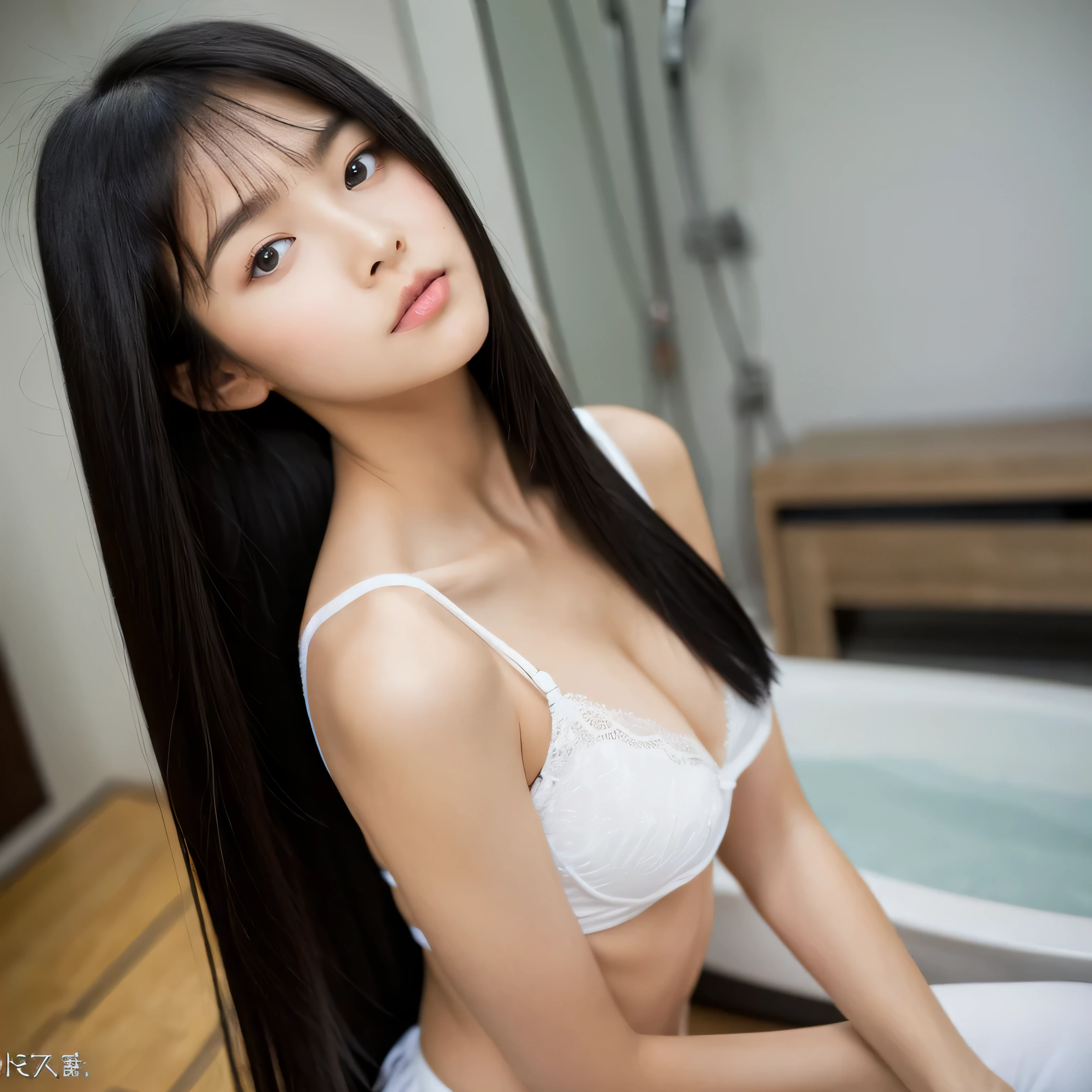 ((highest quality)), ((masterpiece)), (become familiar with), perfect face arafed woman with long black hair standing in front of a wall, long black shiny hair, black silky hair, Extra Dark Natural Black Hair, long straight black hair, long black straight hair, Perfect silky straight hair, straight black hair, long black hair, her hair is long and straight, detailed long black hair white lingerie (huge breasts 1.8) (Super long hair down to the ankles) 1 female Japan'cutest middle school girl (standing model) sensual look erotic expression neat bangs The neatly trimmed bangs are princess cut and cover the entire forehead.. bright red lips Overall rear view Close up of the whole woman fine hands fine fingers five fingers (narrow mouth) natural makeup (Head forward)