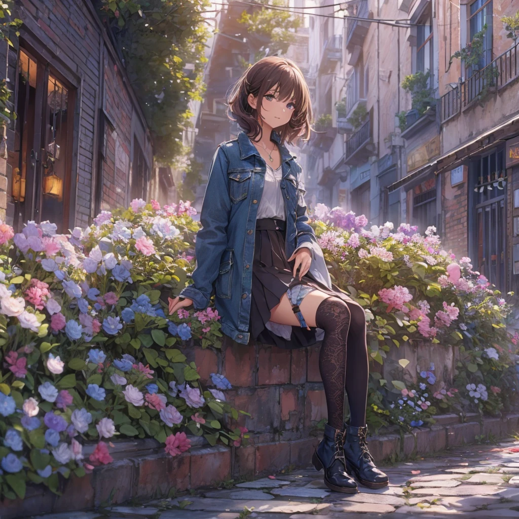 (Highly detailed CG unit 8k wallpaper, masterpiece, High resolution, highest quality, highest qualityのリアルテクスチャスキン), Woman sitting on a flower bed by the road:1.4, Short fade cut messy curly hair, detailed costume, A maxi-length lace-up layered tight skirt and a long-sleeved denim wide jacket:1.3, blurred background, An empty alley in Paris:1.3, cobblestone road, hyper realistic, digital painting, concept art,