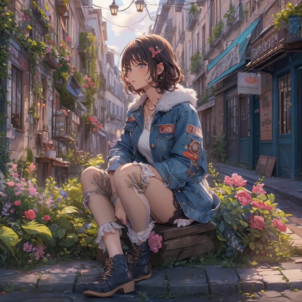 (Highly detailed CG unit 8k wallpaper, masterpiece, High resolution, highest quality, highest qualityのリアルテクスチャスキン), Woman sitting on a flower bed by the road:1.4, Short fade cut messy curly hair, detailed costume, A maxi-length lace-up layered tight skirt and a long-sleeved denim wide jacket:1.3, blurred background, An empty alley in Paris:1.3, cobblestone road, hyper realistic, digital painting, concept art,
