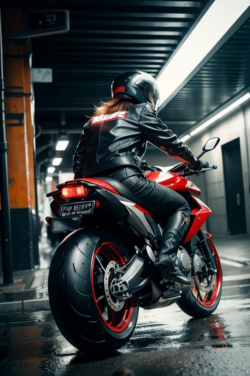 8K, UHD, (rear side view of motorbike:1.1) sleek, sporty motorbike with big metal exhaust, girl riding motorbike, short pants, wide low angle view, intense close-up, wet city streets, cinematic, volumetric lighting