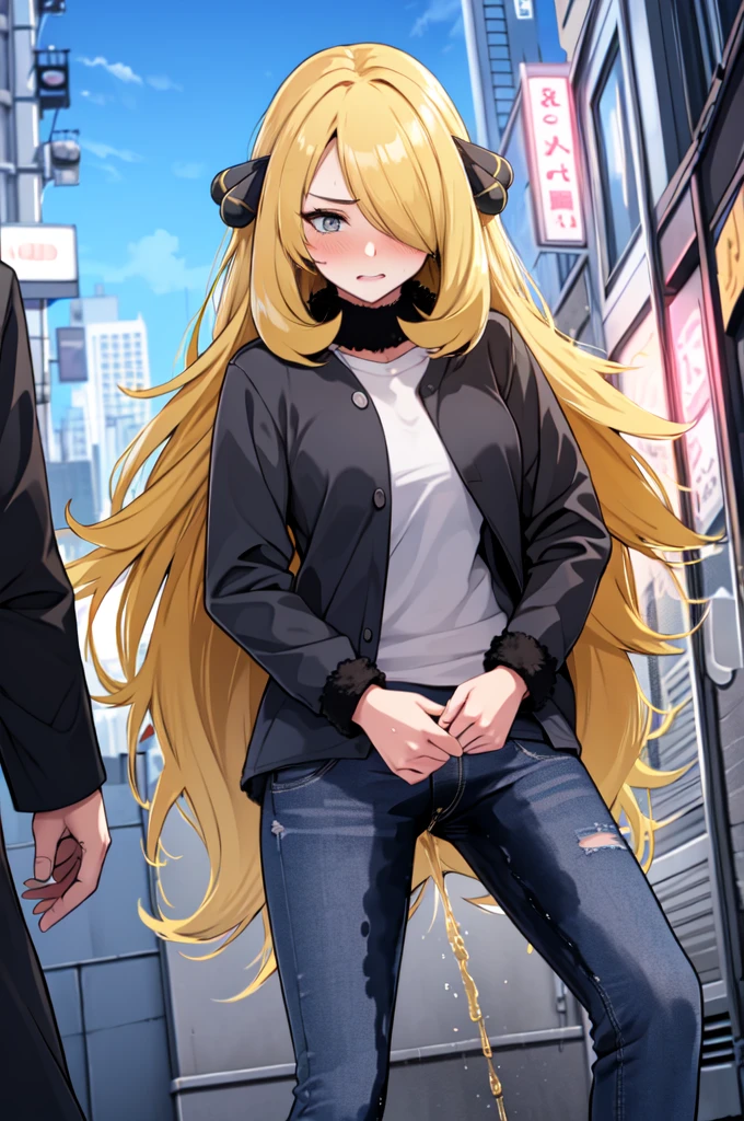 1girl,(solo:1.5),(solo focus:1.5),Cynthia,blonde hair,hair over one eye,hair ornament,very long hair,wavy hair,grey eyes,large breasts,desperation,standing,wetting self,peeing stain,fur collar,furr-trimmed coat,black pants,embarrassed,humiliated,futuristic,city,neon lights,(best quality,4k,8k,highres,masterpiece:1.2),ultra-detailed,vivid colors,sharp focus,long hair flowing in the wind,(colorful skyscrapers:1.5),reflection in the wet pavement,expressions of desperation and embarrassment captured perfectly,futuristic cityscape as the background,streets lined with towering buildings,intricate details in Cynthia's face and hair,subtle reflections in her grey eyes,subtle blush on her cheeks,revealing her embarrassment,intricate details depicting the large pee stain on Cynthia's pants