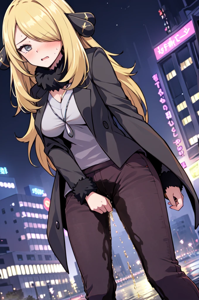 1girl,(solo:1.5),(solo focus:1.5),Cynthia,blonde hair,hair over one eye,hair ornament,very long hair,wavy hair,grey eyes,large breasts,desperation,standing,wetting self,peeing stain,fur collar,furr-trimmed coat,black pants,embarrassed,humiliated,futuristic,city,neon lights,(best quality,4k,8k,highres,masterpiece:1.2),ultra-detailed,vivid colors,sharp focus,long hair flowing in the wind,(colorful skyscrapers:1.5),reflection in the wet pavement,expressions of desperation and embarrassment captured perfectly,futuristic cityscape as the background,streets lined with towering buildings,intricate details in Cynthia's face and hair,subtle reflections in her grey eyes,subtle blush on her cheeks,revealing her embarrassment,intricate details depicting the large pee stain on Cynthia's pants