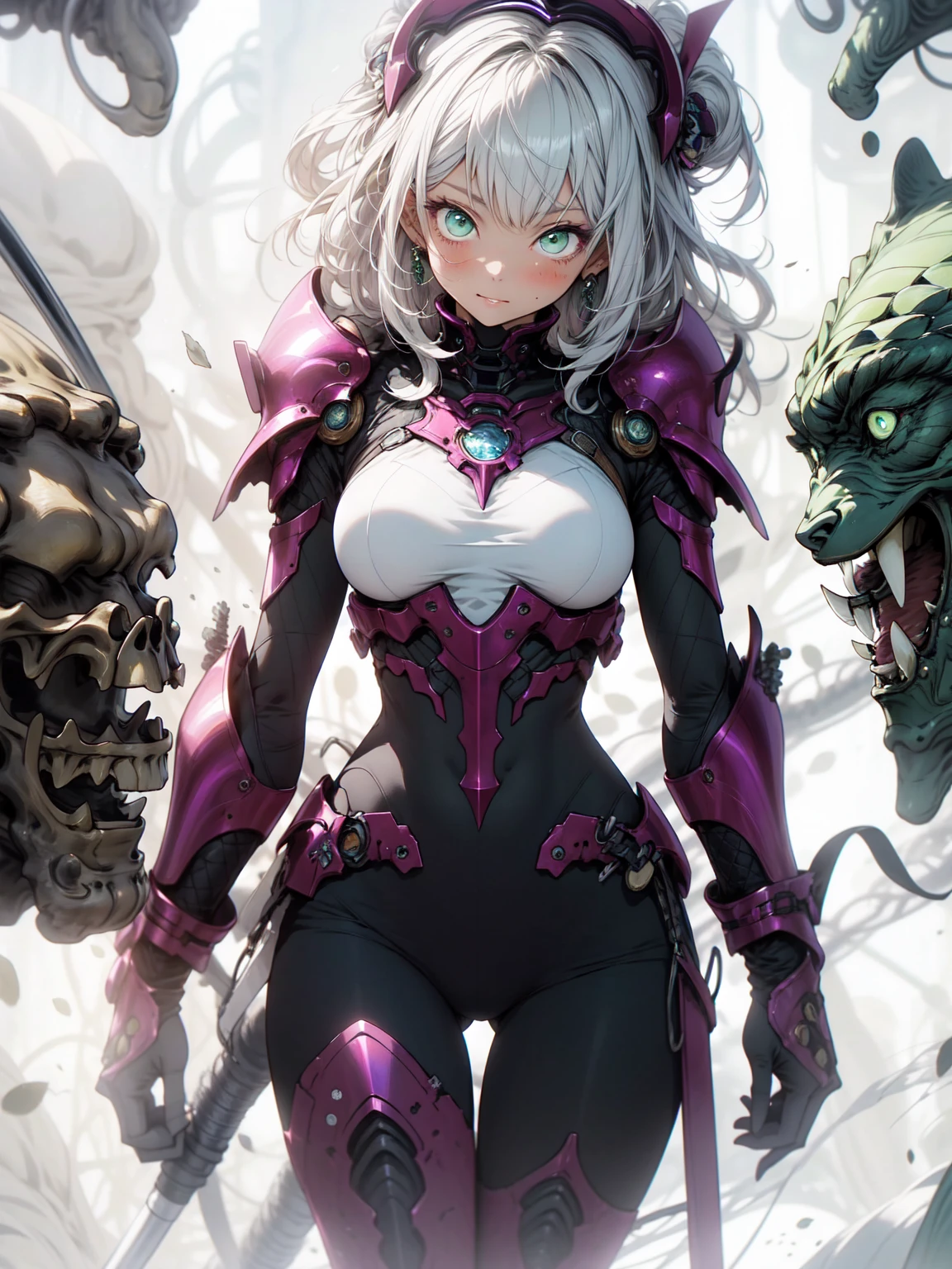 be realistic,(masterpiece,highest quality,highest quality,very detailed,fractal art,most detailed,(abstract background:1.5)(1 girl),Kamimei,(hair length),(green eyes shine、breasts get bigger,stunned),Abyss Stick、crystallization,high leotard、sexy、mechanical armor、sunburned、berserk、armor skirt