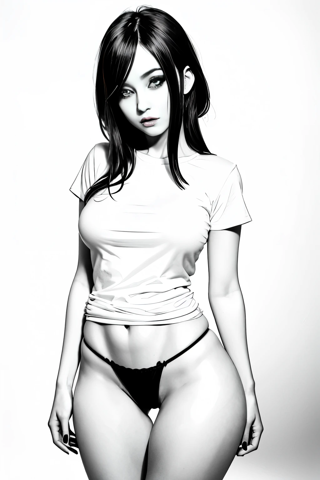 garota, sensual, She's just wearing a long black t-shirt, She's not wearing panties, monochrome, escala de cinza, modelo