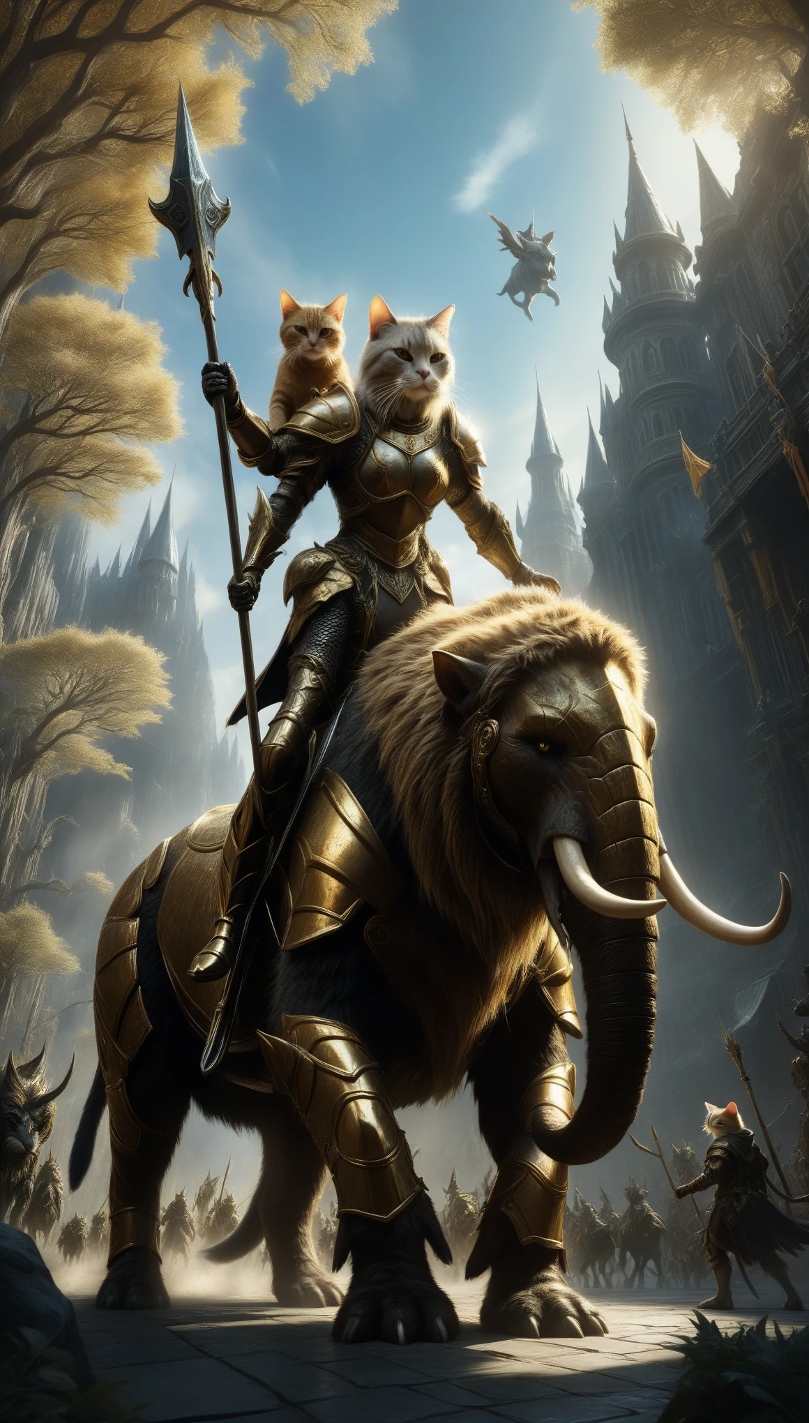 Wearing heavy gilded armor《Cat Knight riding next to a mammoth》,Cat Knight faces the audience,mythical creatures,hermit,concept art,wide angle,Full composition,dynamic lighting,Movie,4K,lifelike,octane rendering,