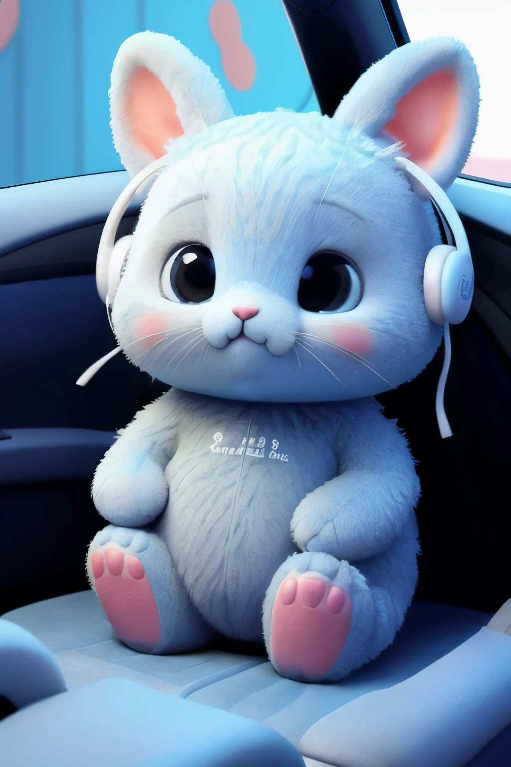 there is a stuffed cat With blue headphones on sitting in a car, With blue headphones, stuffed toys,  cute toys, Plush Dolls, beast, anime ears, Junko Ejima, Controversy of Koimaru, he has headphones, Animation peripherals, detailed!!, Plush mascot, sugar, cute core，Excellent, masterpiece, ultra high resolution, Detailed background，best quality,Xin Haicheng
