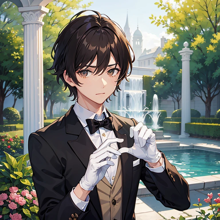 masterpiece, best quality, garden, fountain, looking at viewer, upper body, 1boy, light brown hair, male hair, messy hair, brown eyes, butler outfit, white gloves