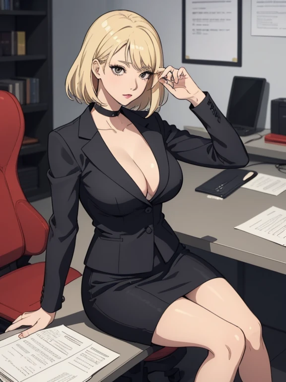 masterpiece, ,(alone:1.1), sexy,I can see the cleavage, office, heels, pencil skirt, mature woman, big,Working,He looks like he wants to say something.,blonde,sitting,椅子にsitting,