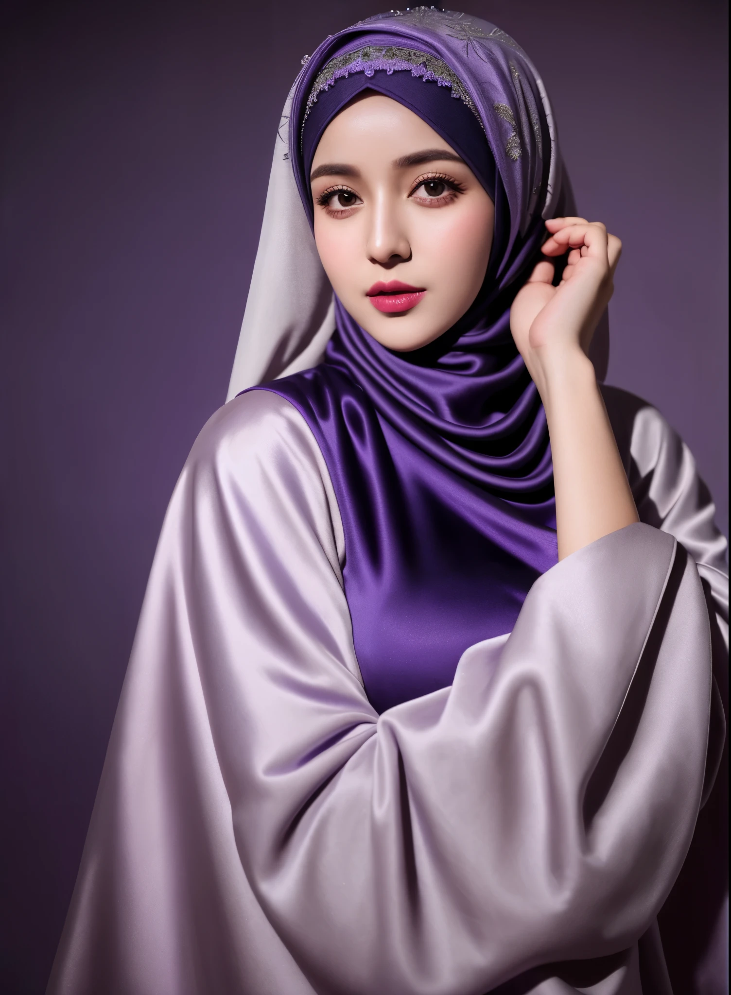 RAW photo of a 24 year old girl wearing hijab, satin abaya sexy purple, satin, hijab face portrait, neutral background, 8k uhd, dslr, soft lighting, high quality, film grain, Fujifilm XT3, covered dress, patterned dress, gigantic breasts:1.5
