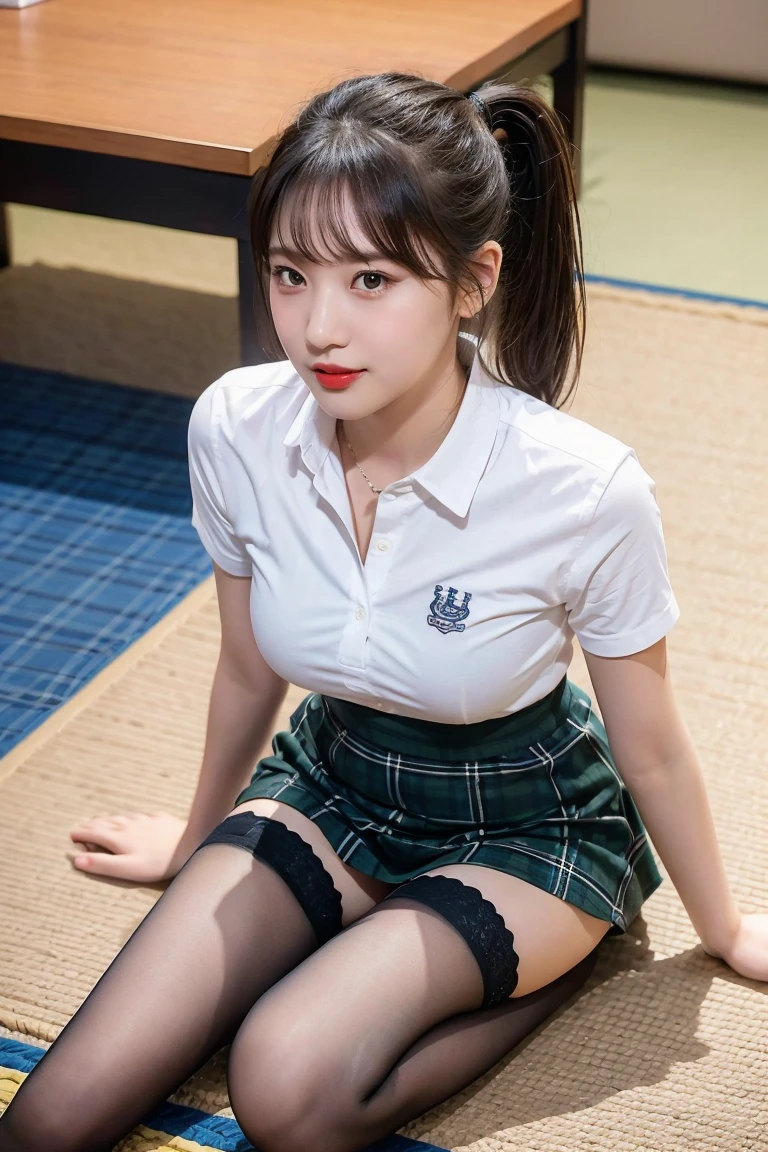 (8k), (Highest quality: 1.2), (realistic), (realistic: 1.47), Ultra high resolution, 1 girl, cute, smile, gag, thick lips,red lips,Mouth in kissing position,beautiful details, Beautiful nose,(Straight black hair), Giant Dalcefo, pork，Take it yourself,University Student Uniform,white shirt,(Sitting on a tatami mat),(Drink tea),Simple blazer, pleated skirt,(The skirt has a plaid pattern.:1.2),Cross your legs., from above,(close up on face:1.3),thigh,ponytail,Opaque stockings,Put your hands on your knees.