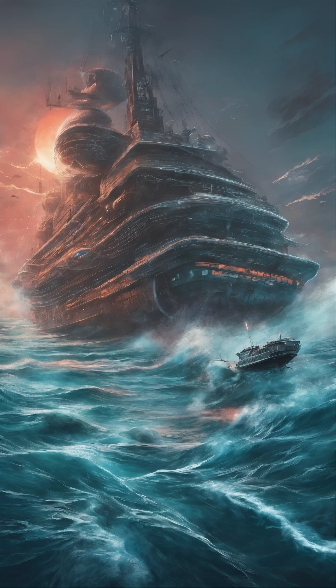 creates a realistic drawing of a scary gigate octopus with giant claws attacking a realistic vessel (boat) on the high seas in a gloomy ocean