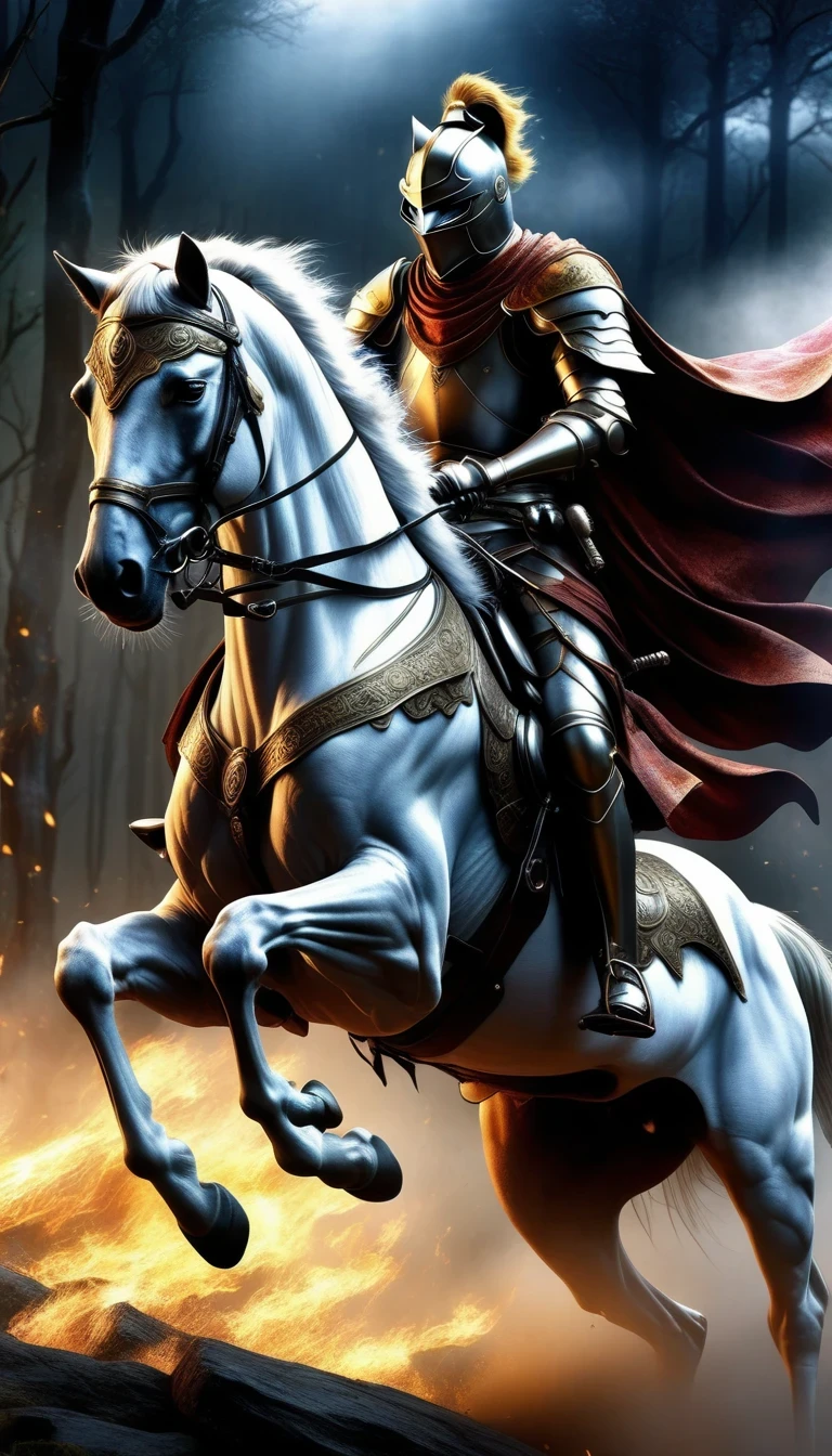 (HD: 1.2),(realistic: 1.37),(Black Cat Knight riding a white horse）， Cat Knight，anthropomorphic,, battlefield, medieval, war, battle, victory, danger, honor, bravery, armor, shield, sword, hero, commander-in-chief's presence, ferocious, self-confident, beautifully detailed eyes, beautifully detailed lips, sharply focused, ultra-detailed, fierce action, epic clash, adventurous, emerges from flames Protecting the innocent, stunning, compelling, thrilling, unforgettable, valor, heroic, majestic, graceful, lightning fast, extraordinary strength, master of defense, unstoppable power, dominating the battlefield, defending the kingdom, ferocious foe, defender of the righteous, unwavering determination, majestic imagery, magnificent backdrops, dramatic lighting, vibrant colors, bold brushstrokes, impressive deep detail, extraordinary fantasy, mythical warriors, legendary tales.