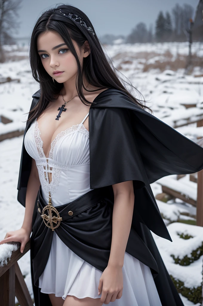 TeEn girl, evil, teenager(1.3),13 years old, teen girl, small breats, with black hair and blue eyes, detailed face, angelical face,cleavage, small breasts, dress with cape, desing with christian cross ,background in snow in prussia
