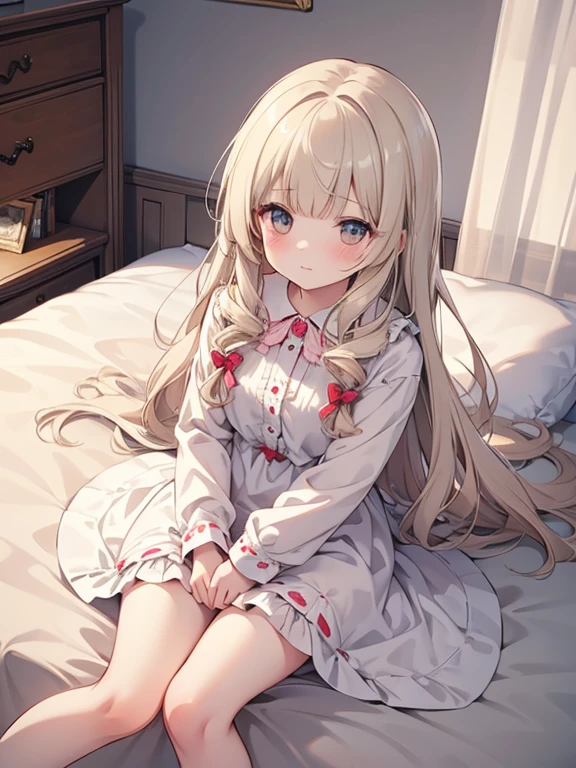 masterpiece, best quality, ultra-detailed, illustration, cute, Girl, Solo, from above, beige hair, long hair, wavy hair, blunt bangs, blouse, sleep, wearing Pajamas, bed room, hag a stuffed teddy bear