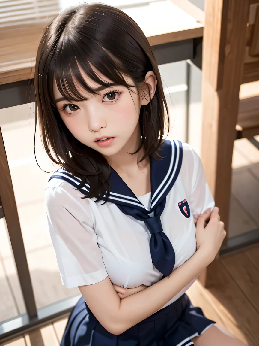 (professional portrait、professional writing)、highest quality, Detailed workmanship、high resolution、(8K, High resolution:1.2)、(RAW photo, photorealistic:1.3)、masterpiece、slender body shape、high definition face、Face is in focus、high definition eyes、(Focused, symmetrical pupils:1.2)、High-definition and beautiful skin、firm skin、natural makeup、gross lip, High-definition hair texture、 Japanese high school girl、、short hair, classroom、(sailor suit:1.3), near the wall, (sitting on the floor:1.3), (hugging own breast tightly by arms:1.3), very cute, (very embarrassed:1.3), (blush:1.1), (afraid:1.3), Strange look、Glaring at the camera、(shot from above:1.2), open mouth:1.1, cleavage