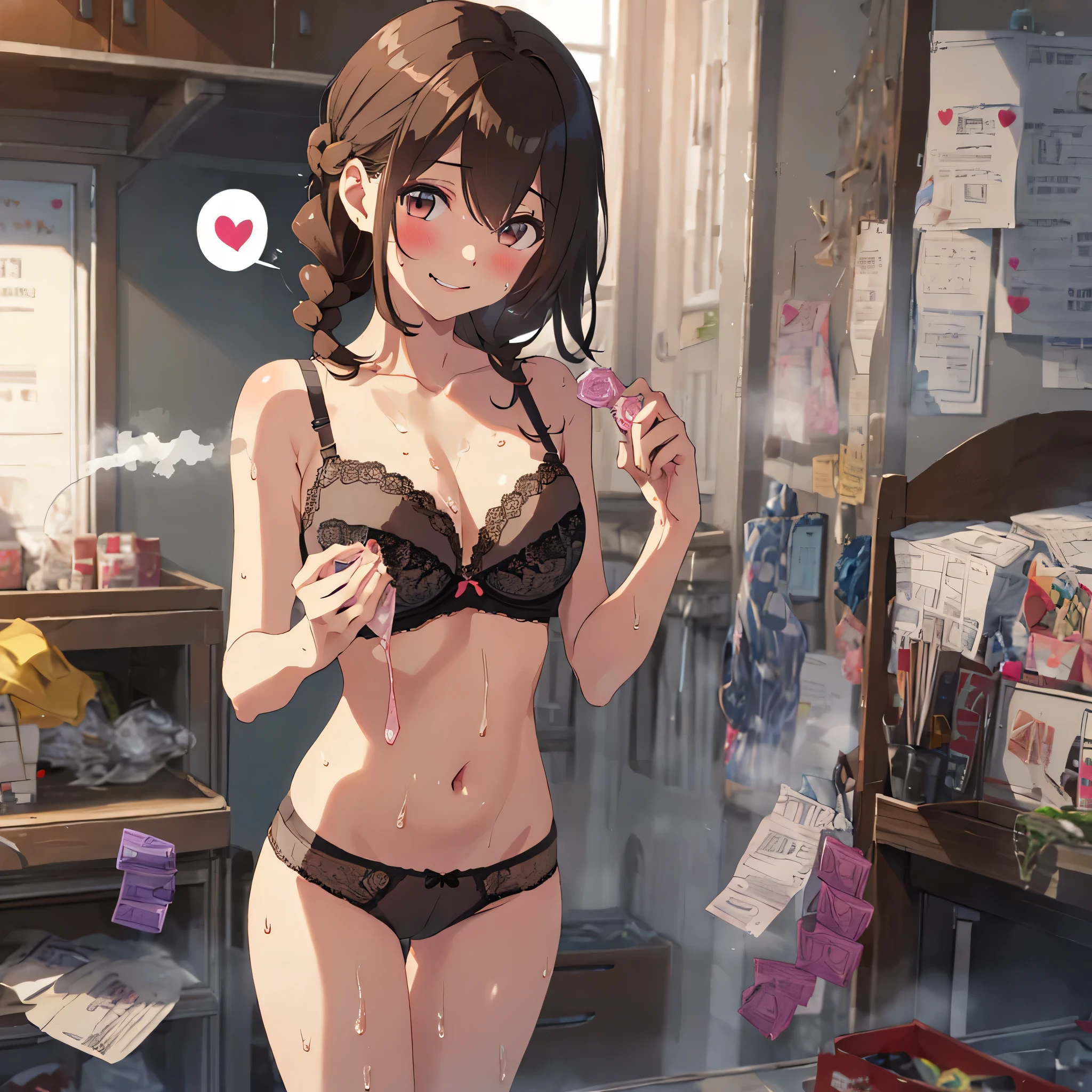 ((Best quality))), Ultra detailed, 4k, 1 girl, brown hair, hair, bedhead, braid hair, bra, sweat, blush, beautiful detailed skin, beautiful detailed hair, beautiful detailed sweat, beautiful detailed wet clothes, steam, spoken heart, front, full body, confused, bitter smile, condom,erotic, looking at viewer, sextoy, condom, holding mouth condom, after sex, belly button, bra, happy,