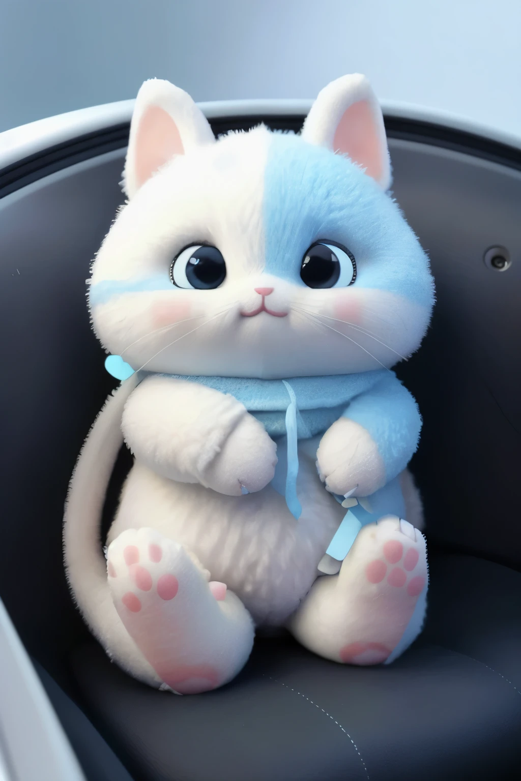 there is a stuffed cat With blue headphones on sitting in a car, With blue headphones, stuffed toys,  cute toys, Plush Dolls, beast, anime ears, Junko Ejima, Controversy of Koimaru, he has headphones, Animation peripherals, detailed!!, Plush mascot, sugar, cute core，Excellent, masterpiece, ultra high resolution, Detailed background，best quality,Xin Haicheng