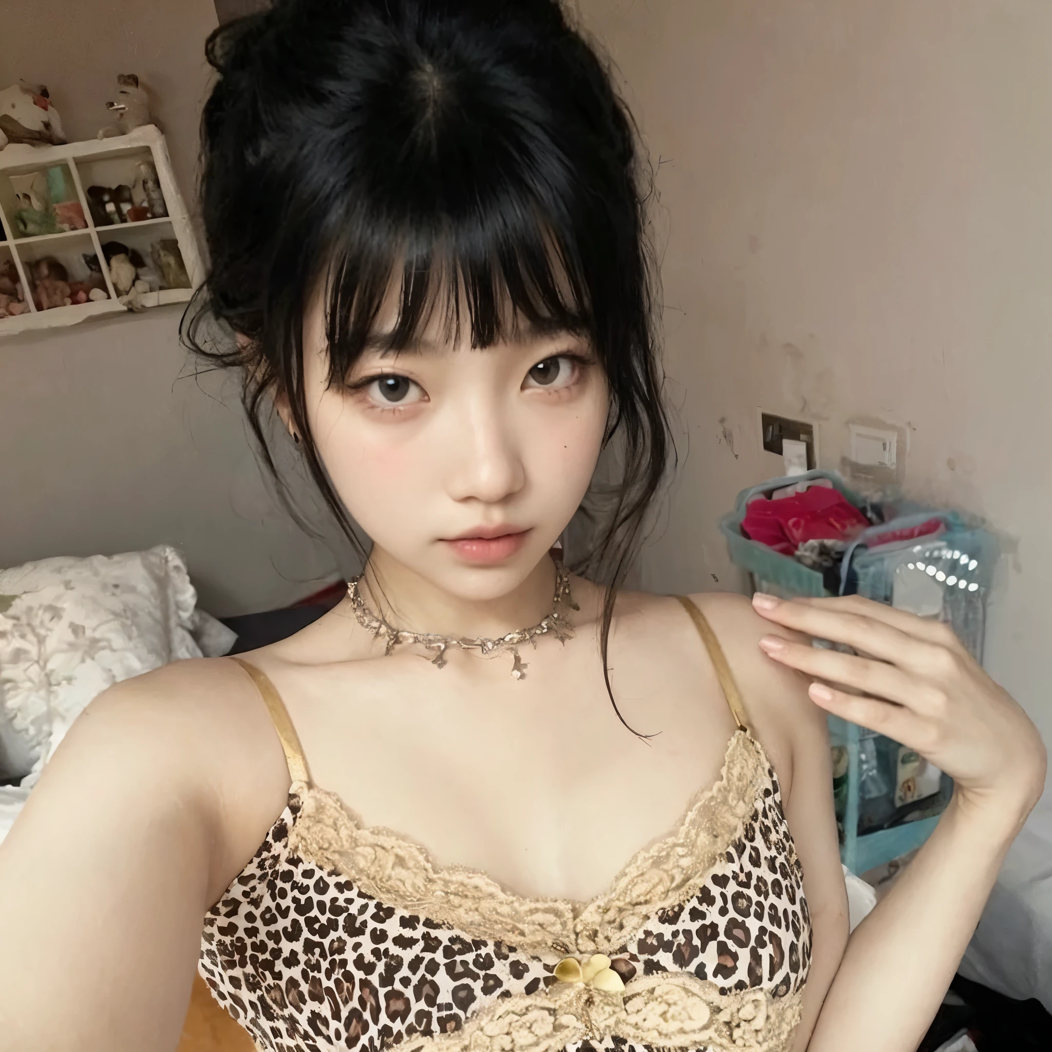 there is a woman that is posing for a picture in a leopard print top, korean girl, asian girl, young asian girl, beautiful asian girl, gorgeous young korean woman, beautiful south korean woman, cruel korean goth girl, photo of slim girl, ulzzang, shikamimi, xintong chen, beautiful young korean woman, 18 years old, with full bangs
