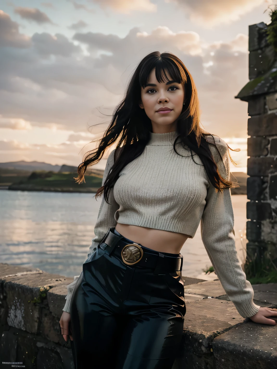 Foreground: a gorgeous Bettie page, wet wavy hair in the wind. she's a men magazine model, She has a subtle smile and flirts with the camera, (she wears casual shirt with a knitted sweater and latex pants with big belt:1.2), background landscape of Scotland Loch and Scottish castle ruins, (in sunset light:1.2), , perfect eyes, perfect hands, perfect body, perfect hair, perfect breast, hair behind ear, UHD, retina, masterpiece, accurate, anatomically correct, textured skin, super detail, high details, high quality, award winning, best quality, highres, 16k, 8k, 