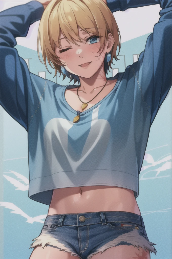 wattson (apex legends), masterpiece, best quality, 1girl, solo, one eye closed, shorts, belt, blue eyes, open mouth, blonde hair, bird, necklace, smile, denim, dove, navel, looking at viewer, blush, jewelry, denim shorts, arms up, bead necklace, midriff, beads, long sleeves, scar, scar on face, scar on cheek, burn scar, bangs,