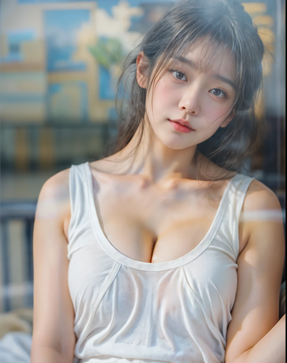 masterpiece、highest quality、cinema、(cute japanese woman、bangs:1.3)、23 years old、1 girl、elegant、black hair、warm、Waking up、Tank top