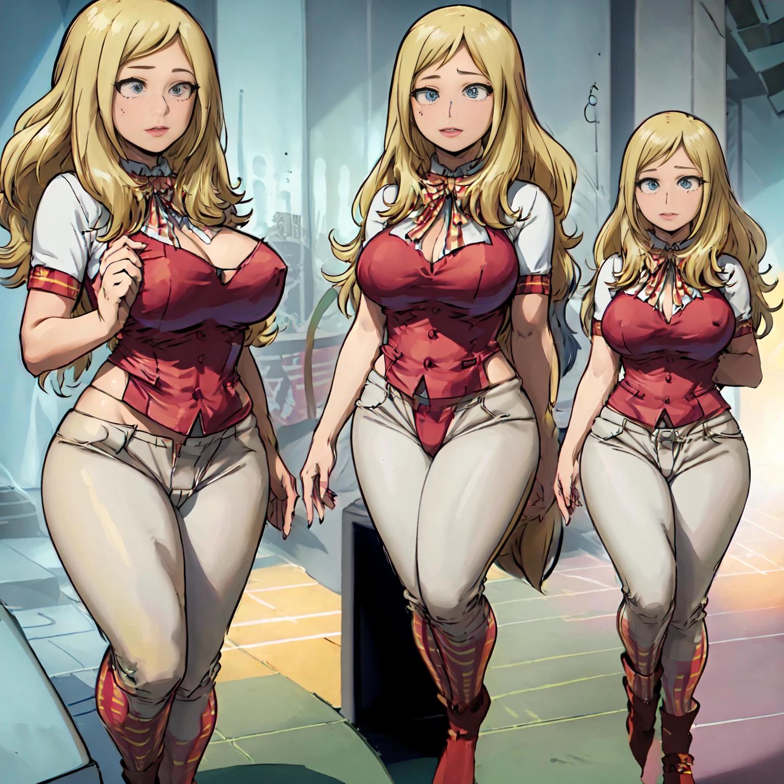 "Melissa Shield, the buxom and brilliant scientist from My Hero Academia, stands before the viewer wearing a tight, low-cut jumpsuit that fits tightly to her curvaceous figure. The vibrant blue color of the jumpsuit accentuates her creamy, fair complexion and golden blonde hair which flows elegantly down her back. Melissa's full, ample breasts strain against the tight fabric, threatening to spill out as she grabs them provocatively, kneading and squeezing sensually. Her shapely, toned legs are fully exposed, leading up to her pert, part rounded rear that is pointed directly at the viewer, begging to be admired. Melissa's expression is one of sensual desire, her luscious lips parted slightly as she looks over her shoulder with bedroom eyes, silently beckoning the viewer to join her in unspeakable acts.