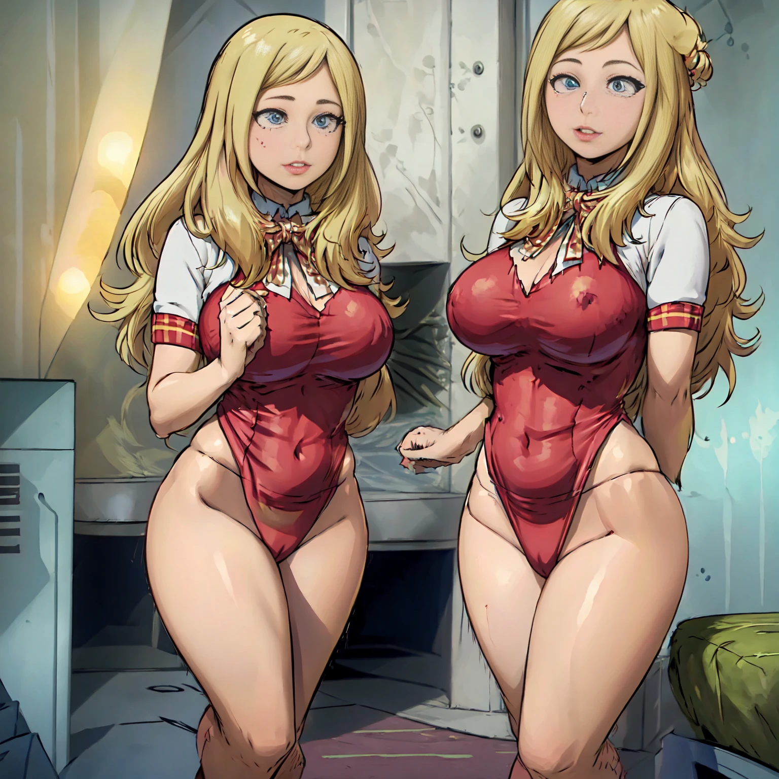 "Melissa Shield, the buxom and brilliant scientist from My Hero Academia, stands before the viewer wearing a tight, low-cut jumpsuit that fits tightly to her curvaceous figure. The vibrant blue color of the jumpsuit accentuates her creamy, fair complexion and golden blonde hair which flows elegantly down her back. Melissa's full, ample breasts strain against the tight fabric, threatening to spill out as she grabs them provocatively, kneading and squeezing sensually. Her shapely, toned legs are fully exposed, leading up to her pert, part rounded rear that is pointed directly at the viewer, begging to be admired. Melissa's expression is one of sensual desire, her luscious lips parted slightly as she looks over her shoulder with bedroom eyes, silently beckoning the viewer to join her in unspeakable acts.