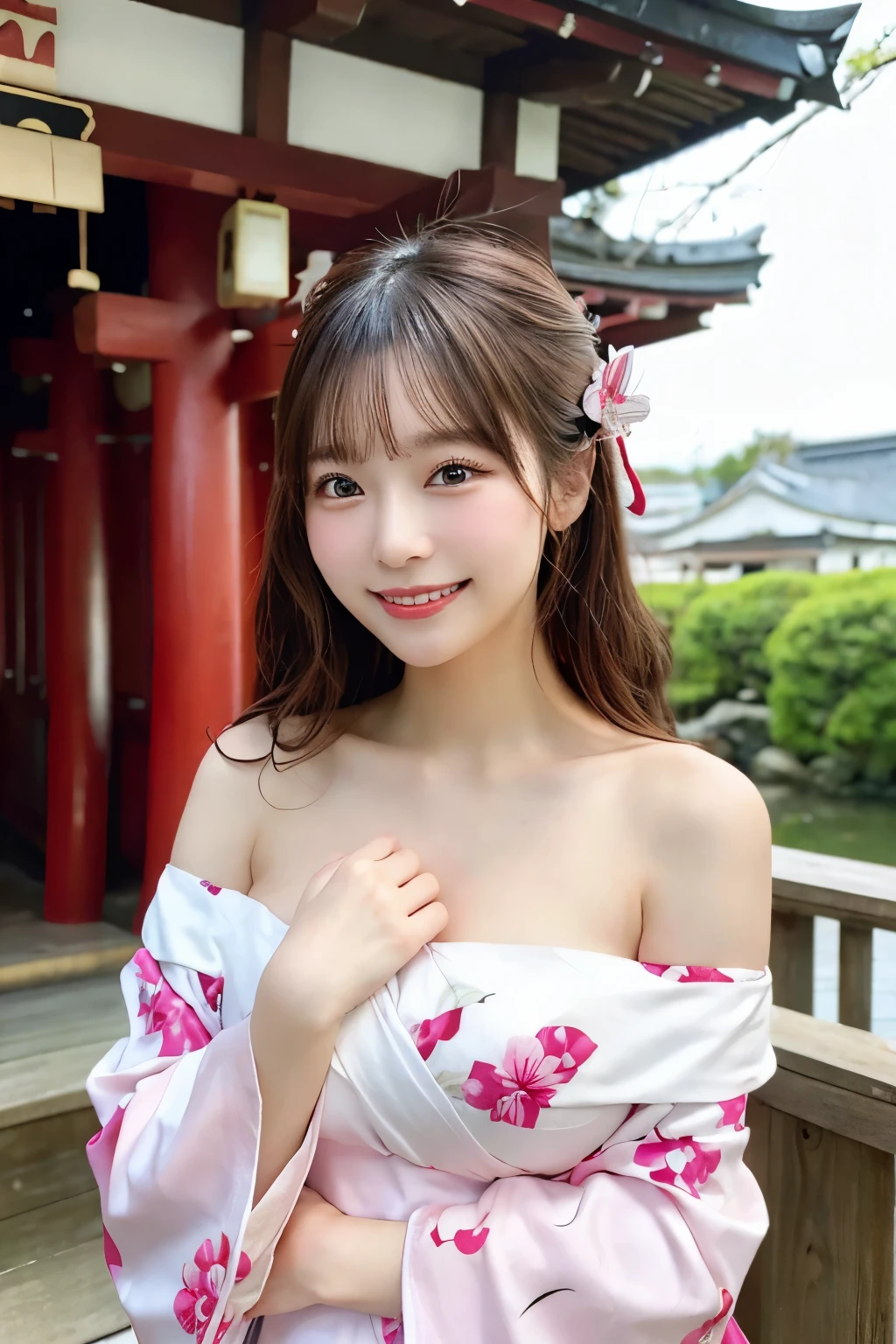 (highest quality),(4k),(In 8K),(High resolution),(best image quality),cute,、pink and yo kimono、off shoulder、laughter、Visiting a shrine、omikuji、Are standing、sexy pose、close the chest、one hand、beautiful hair ornament on cheek,big and full breasts,It's just