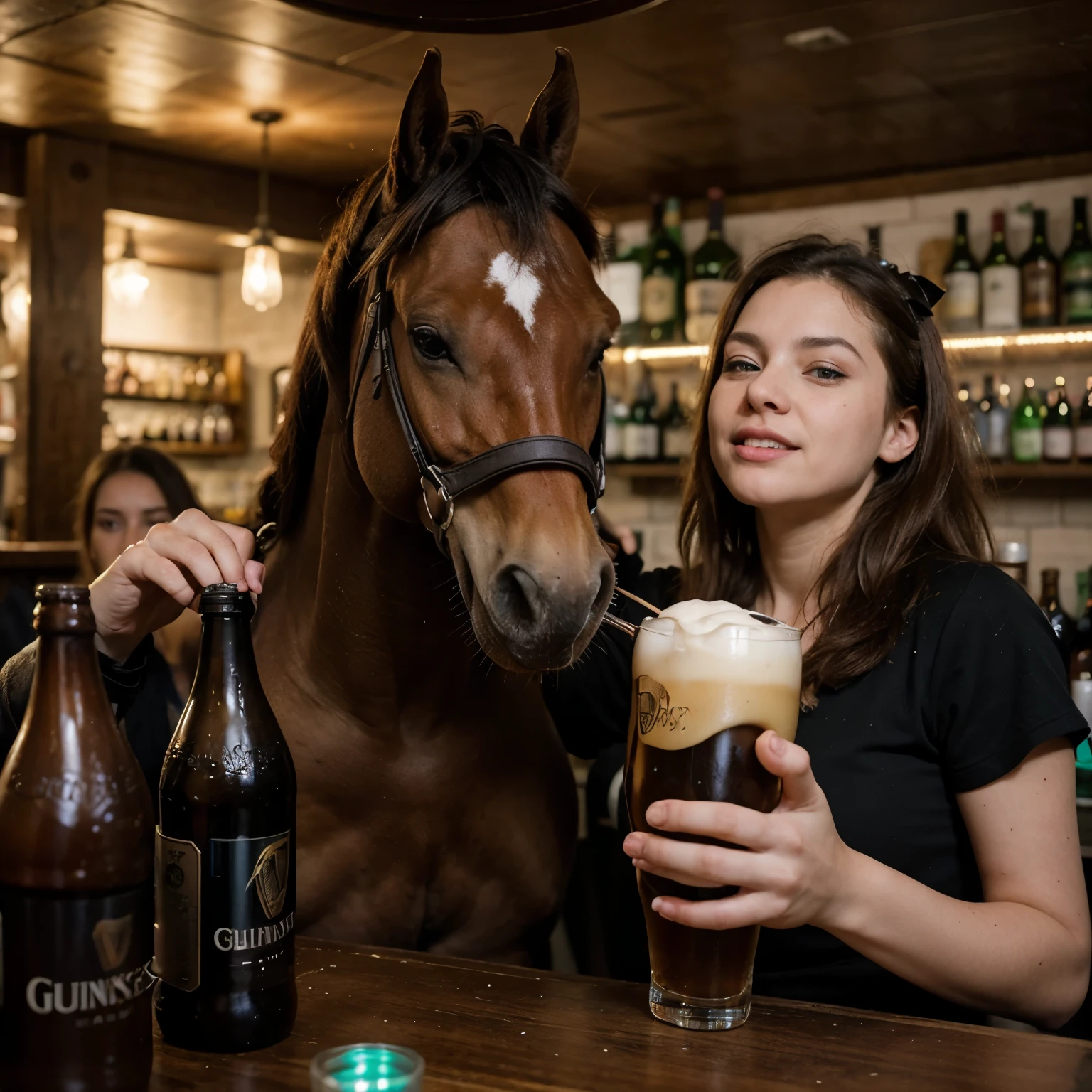 lot of crazy, young people and a (((horse))), make party and dancing, and drinking guinness in a inside a irish bar. a horse is also in the middle of this bar, horse, crazy ((Best quality)), ((Meisterwerk)), (detailliert), perfektes Gesicht